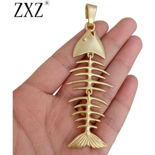 ZXZ 2pcs Matt Gold Tone Large Fish Bone Skeleton Charms Pendants for Necklace Jewelry Making Accessories 97x33mm