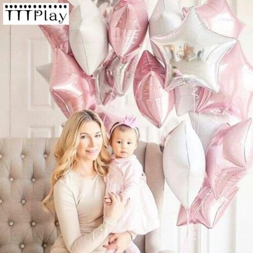 10pcs Baby Shower 18 inch Pink White Sliver Star Helium Foil Balloons Girls Birthday 1st Party Supplies Decor Pure Color Globos