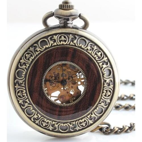 10pcs/lot Hot Sell Bronze Flip Wooden Mechanical Pocket Watch Skeleton Roman Dial Hand Wind Gift Watches Hot Sale