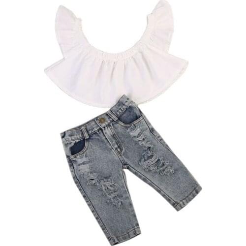 2017 Fashion Casual Newborn Toddler Baby Girls Short Sleeve Off Shoulder Pullover White Shirt Tops Denim Pants Outfit Summer