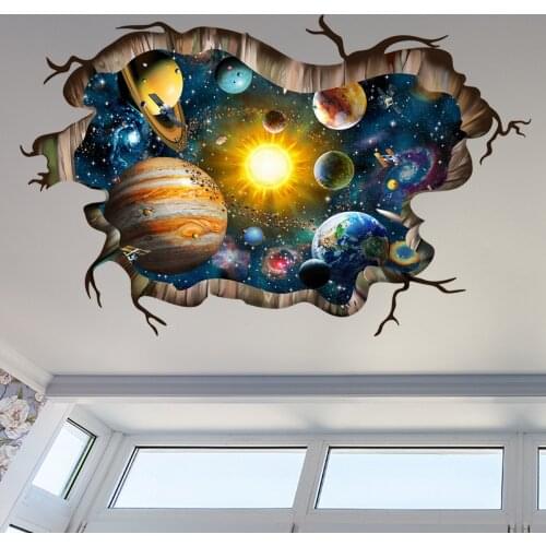 3D Cosmic Space Planet Broken Wall Stickers for Kids Rooms Bedroom Nursery Home Decoration Decals Teen Aesthetic Murals