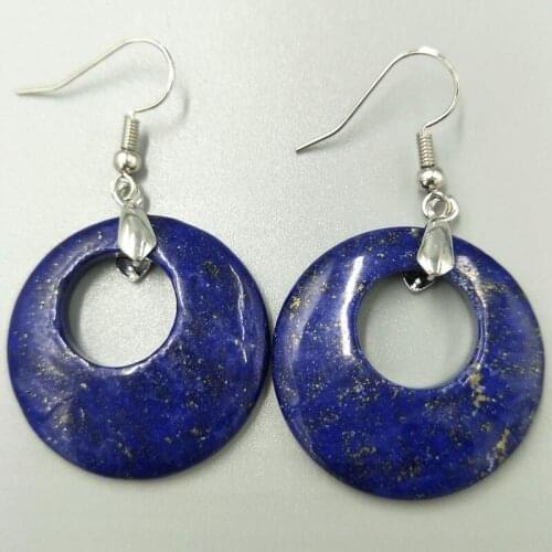 Free Shipping Women Fashion Jewelry 28mm Natural Lapis Lazuli Round Beads Dangle Earrings C5296