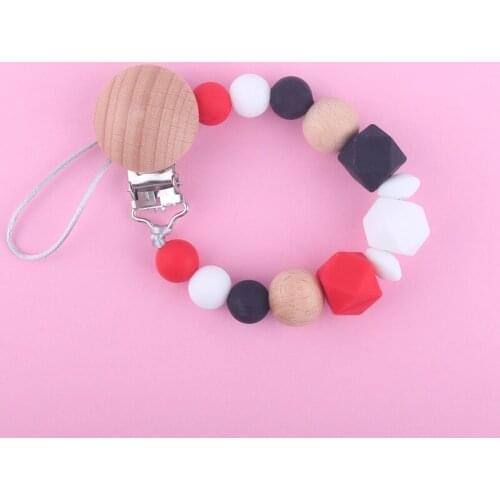 Baby Pacifier Holder Silicone Teether Wooden Beads Teething Bracelet BPA Free Nipple Holder Newborn Teething Toys Dummy Chain