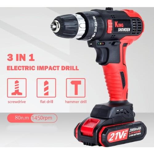 21V Electric Impact Cordless Drill 50/80 N.M Lithium Battery Wireless Rechargeable Hand Drills Home DIY Power Tool 2 Pcs Battery