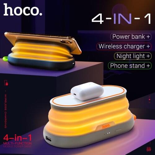 Hoco mobile power bank 5000mAh wireless charging charger 5W USB output portable battery night light desktop stand phone holder