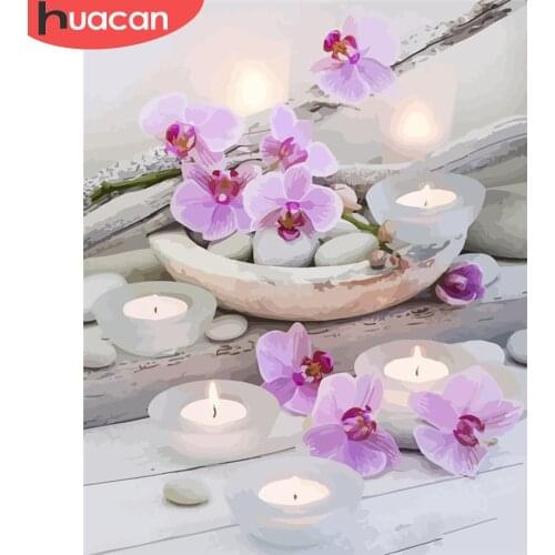 HUACAN Painting By Number Orchid Stone Paint On Canvas Pcitures By Numbers Flower Kits Modern Wall Art For Gift