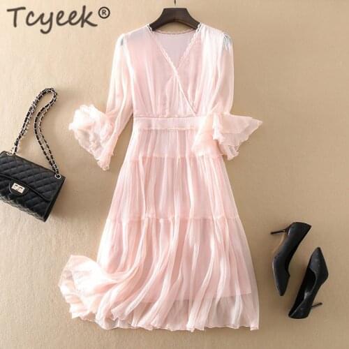 Tcyeek Summer Vintage Dress Women Real Silk Dresses 2020 Korean Elegant Long Ruffles Vestidos Ladies Boho Pink Party Dress 08008