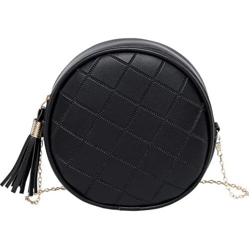 Women Mini Round Bags Solid Color Plaid Shoulder Handbags Women Small Round Tassel Crossbody Bags Purses Clutches
