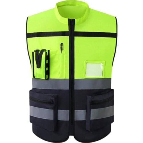 Multi Pockets High Visibility Zipper Front Safety Vest With Reflective Strips, Premium Style-F