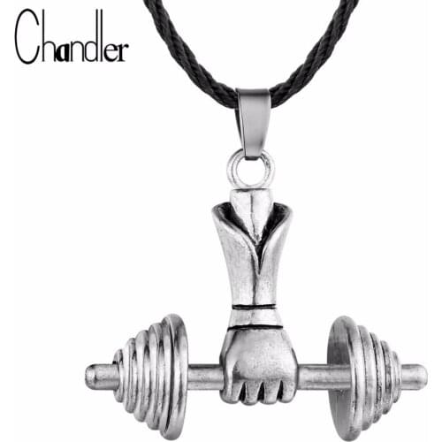 Chandler Dumbbell Pendant Necklace Mamen Mens Antique Jewelry Fitness Barbell 45cm Long Chain Colier Sports Enthic Accessary