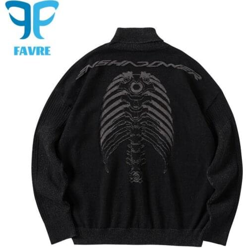 FAVRE Turtleneck Sweaters Pullovers Men Winter Black Mechanical Spine Rib Skeleton Pattern Printed Long-Sleeved Knitted Sweater