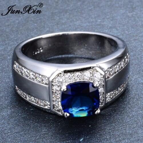Mens Big Square White Blue Crystal Rings For Men Women Silver Color Zircon Birthstone Ring Luxury Lovers Engagement Jewelry