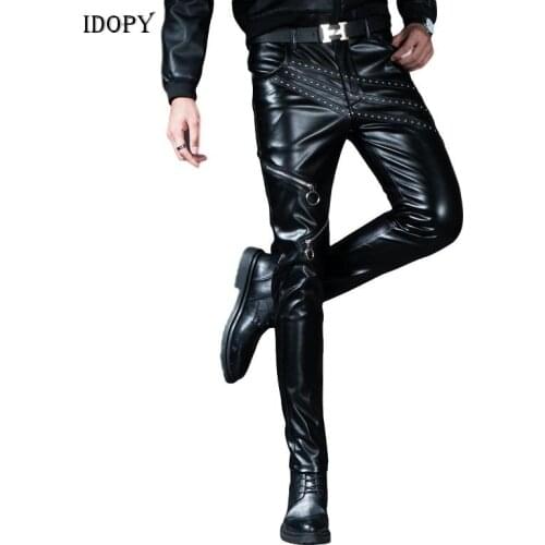 Idopy Men`s Skinny Faux Leather Pants Punk PU Stage Performance Night Club Party Trousers Male