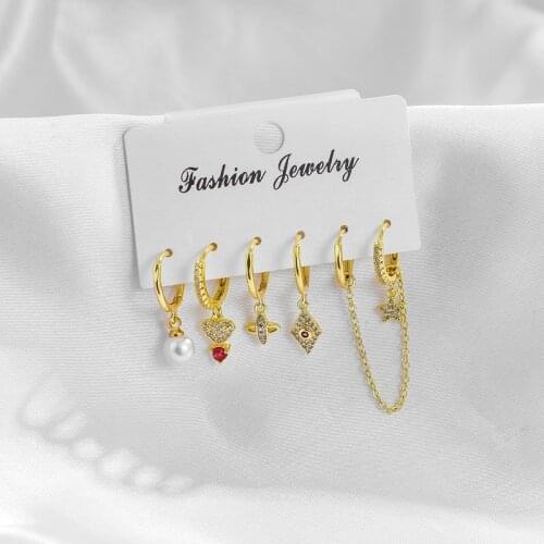 New Fashion Pearl Star Dangle Earrings Set Korean Geometric Small Hoop Earrings Set For Women Jewelry