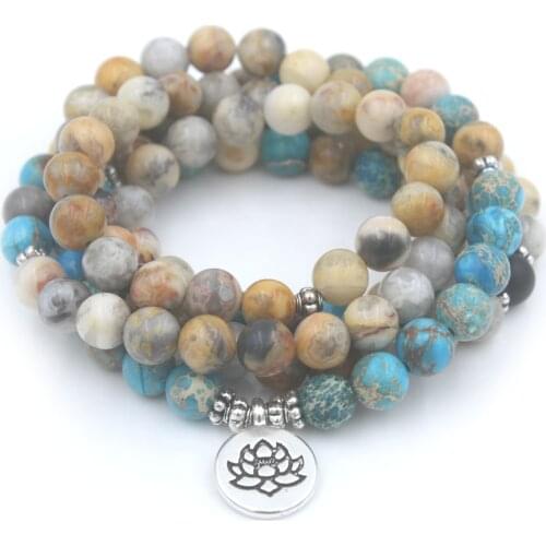 New! Mexico Crazy Onyx And Marine Stone With Lotus OM Buddha Charm Bracelet Dropshipping Yoga Jewelry