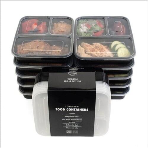 3 Compartment Plastic Food Storage Containers with Lids, Microwave and Dishwasher Safe, Bento Lunch Box, Set of 10