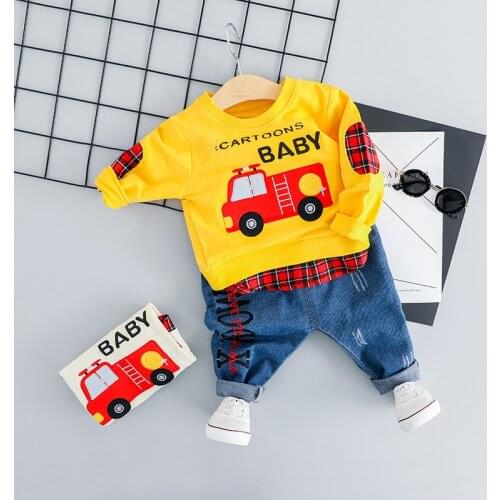 Baby Boy Casual Car Clothes Set Newest Spring Cartoon Clothing For Toddler Letter T shirt + Jean Pants Outfit 1 2 3 4 Years