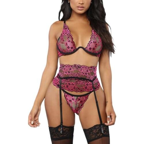 Sexy Womens Split Underwear Sexy Suit Fashion Color Contrast Lace Trim Bra and Low Waist Panty with Girdle