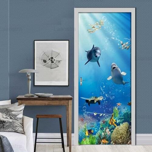 Removable Door Stickers Underwater World Marine Fish Mural Living Room Bedroom Door Decor Wallpaper DIY Self Adhesive Wall Decal
