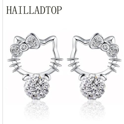 Silver Shambhala Super Flash Crystal Stone Earrings Fashion Cute Cat 8MM Crystal Cat Shaped Bowknot jewelry For Women Girl