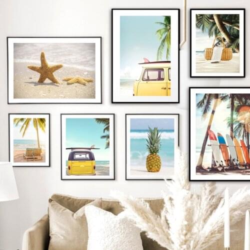Beach Scenery Starfish Palm Tree Bench Surfboard Car Nordic Poster Wall Art Print Canvas Painting Decor Pictures For Living Room