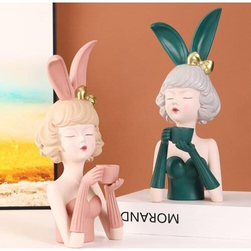 Nordic Resin Coffee Cup Bunny Girl Decoration Sculpture Ornaments Living Room Bedroom Desktop Home Decor Ornaments