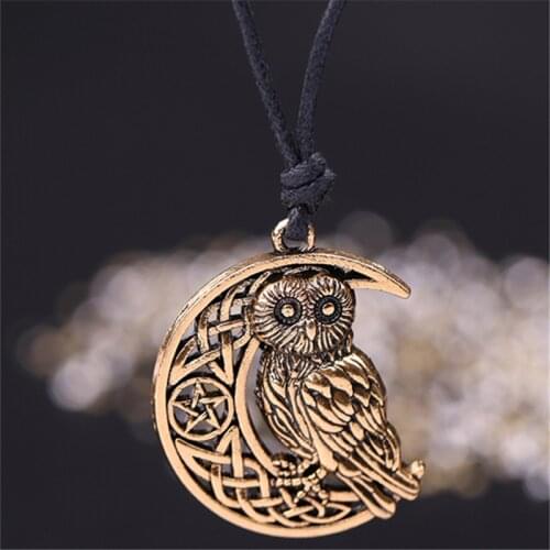 Skyrim Wicca Owl Pendant Necklace Goddess Crescent Moon Pendants Pentagram Pagan Amulet Talisman for Women Man 2021 Statement