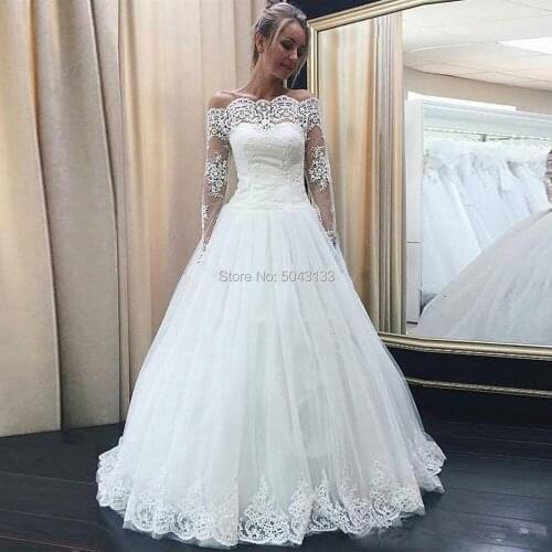 Off the Shoulder Long Sleeves Wedding Dresses 2020 White Lace Appliques Boat Neck A Line Floor Length Bridal Gowns Corset Back