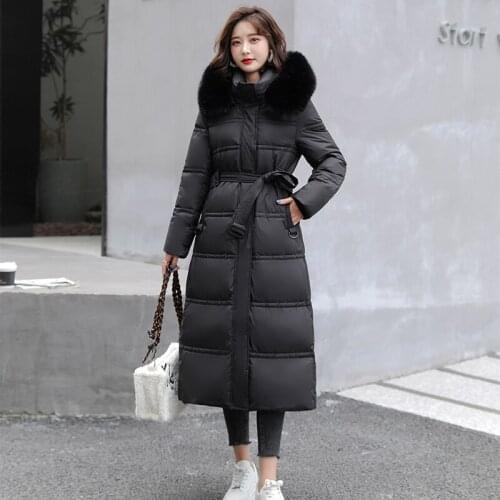 X-Long Women Parkas Hooded with Fur Solid Quilted Ladies Winter Down Jacket with Sashes Thick Elegant Overcoat for Female New