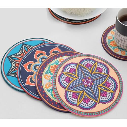Kitchen Thickened Silicone Heat Insulation Pad Retro Floral Pattern Round High Temperature Resistant Household Anti-scalding Pad