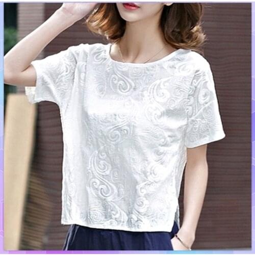 Elegant Casual Solid Womens Tee Shirt Embroidered Cotton And Linen T-shirt Summer Loose Plus Size White Top Tshirt Female