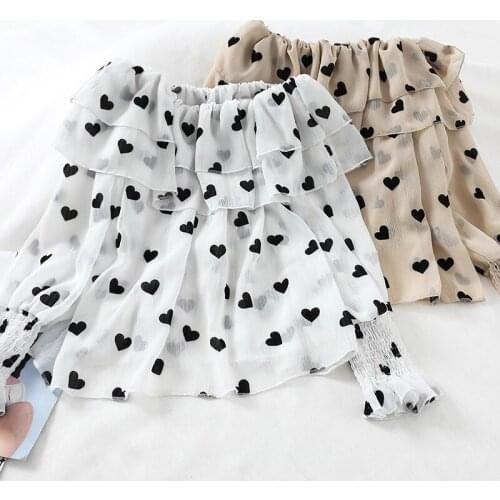 Women Summer Slash Neck Flare Sleeve Off Shoulder Basic Shirt Casual Love Heart High Waist Pullover Chiffon Ruffles Blouse Tops