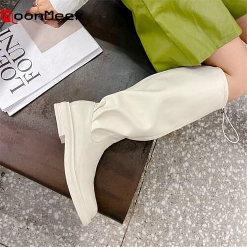 MoonMeek Cow Leather Shoes Lace Up Square Heels Ladies Boots Spring Autumn Fashion Knee High Boots Simple Hand Made Top Quality