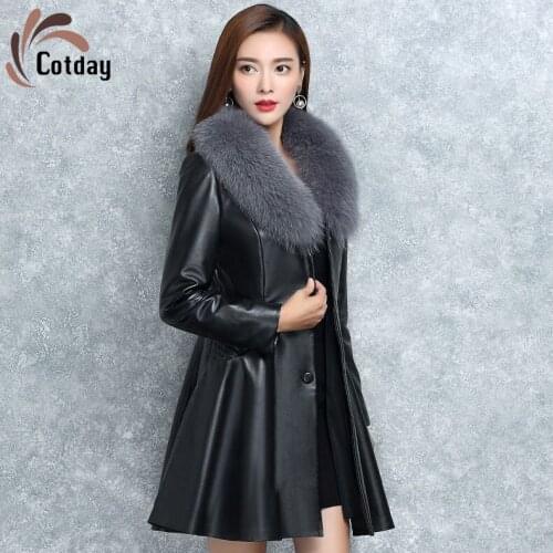 Cotday Long Imitation Fox Fur Collar Black Show Thin Grace Female Leather Trench Hot Sale Jacket Single Breasted Women Fur Coat