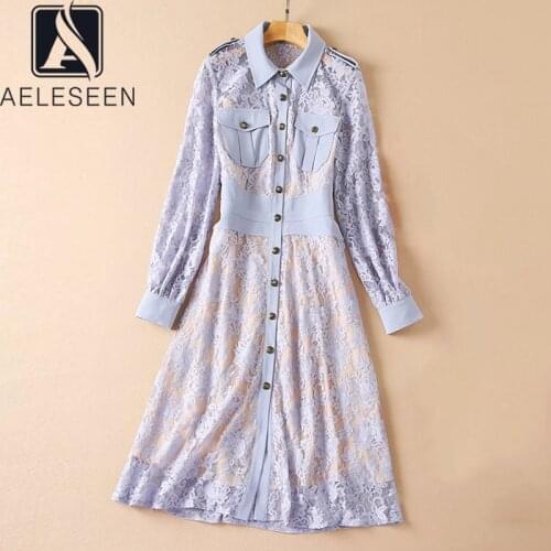 AELESEEN Runway Fashion Lace Dress Turn-Down Collar Pocket Button Blue Black Long Elegant Office Ladies Shirt Dress