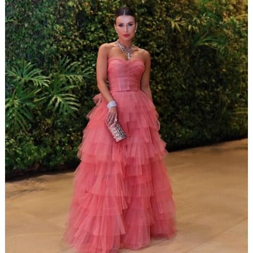Pink Prom Dress A Line Tulle Tiered Sexy Strapless Plus Size Formal Evening Dresses Long Women Vestido Floor Length Party Gowns