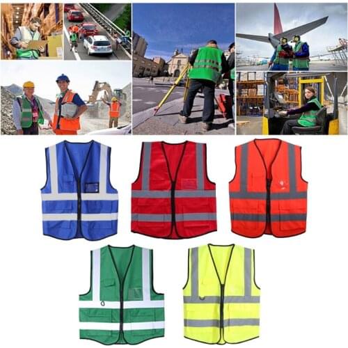 Hi-Vis Safety Vest With Zipper Reflective Jacket Security Waistcoat 5 Pockets