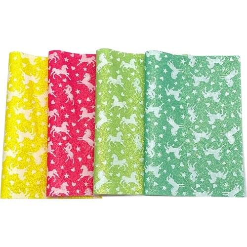 Glow in the Dark Horse Printed Fine Glitter Faux Leather Fabric Sheets Elastic Backing for Clothing/Bag/DIY Accessories