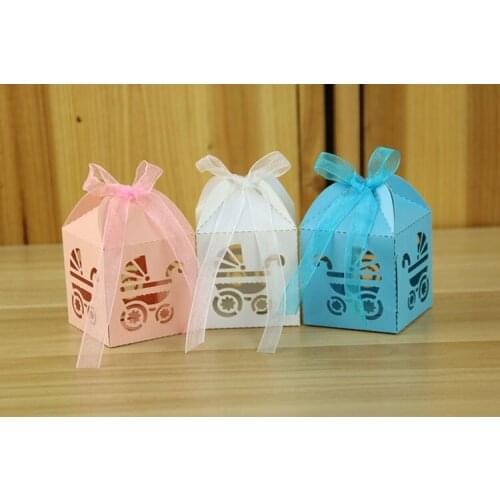 50pcs Laser Cut Baby Carriage Favor Box Bomboniere Gift Candy Boxes Baby Shower Party Decoration (3 colors for chosing)
