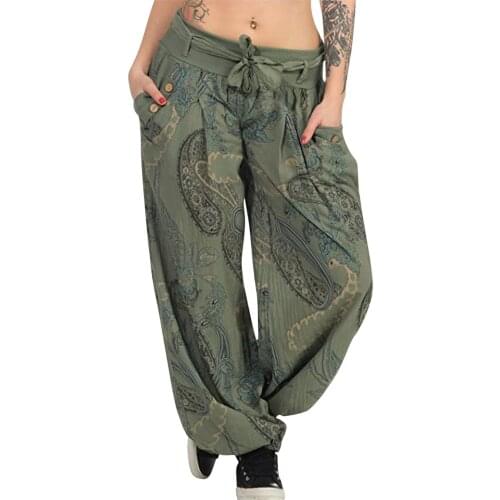 Women Casual Pants Boho Print Pants Wide Leg Pants Loose Pocket Button Harem Pants Yoga Trousers Aladdin Joggers Wide Pants