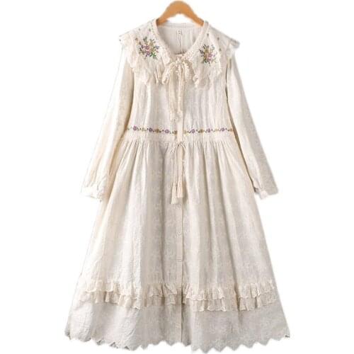 Cottagecore Sweet Mori Girl Embroidery Lace Ruffles Princess Lolita Long Dress SolidColor Loose Waisted Spring Autumn Boho Dress