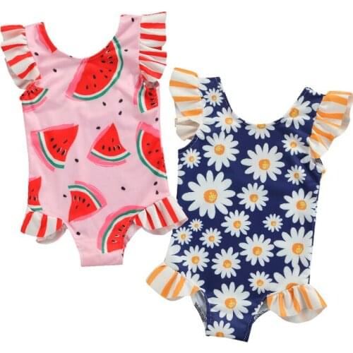 FOCUSNORM 0-3Y Summer Baby Girls Swimwear Sunflowers/Watermelon Printed Ruffles Short Sleeve Beachwear