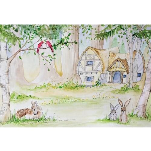 Cartoon Bunny and Forest Hut Scenery Printing Backdrop Party Room Decor Photo Booth Studio Prop