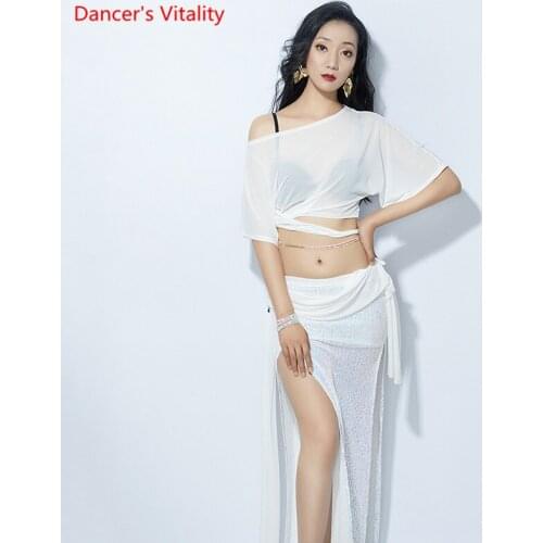 Belly Dance Suit Water Yarn Top Short Sleeve Sequins Split Skirt Performance Clothes Set Female Adult Competition Clothing