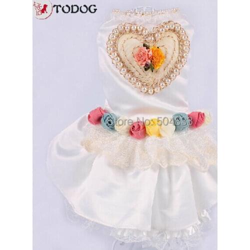 White Dog Wedding Dress With Pearls Heart Puppy Cat Pets Lace Flower Party Dress XS-XL Cute Pet Clothing