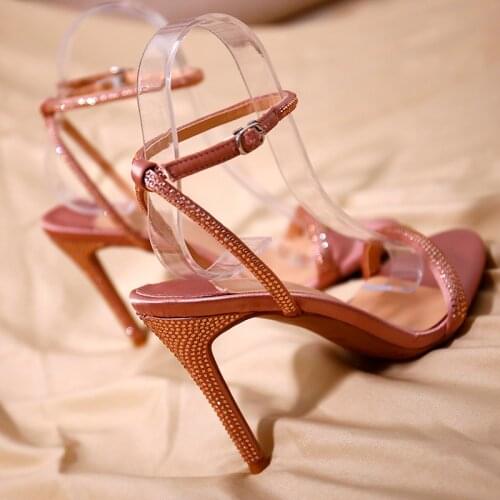 Summer Fashion High Heel Women Sandals Pink Rhinestone Crystal Heel Ladies Shoes Ankle Wrap Design Party Open-toed Sandals