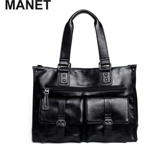 MANET Multifunctional Men Handbag PU Leather Shoulder Bags Solid Black Male Business Large Capacity Messenger Bag Laptop Case