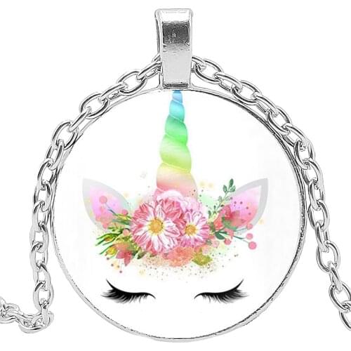 Fashion Charm Cute Unicorn Glass Cabochon Pendant Necklace Children Girl Necklace Sweater Chain Jewelry Gift