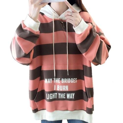 Zuolunouba 2020 Winter New High Quality Plus Velvet Women Sweatshirt Female Hat Letter Stripes Hoodie Lady Cotton Pullover Tops