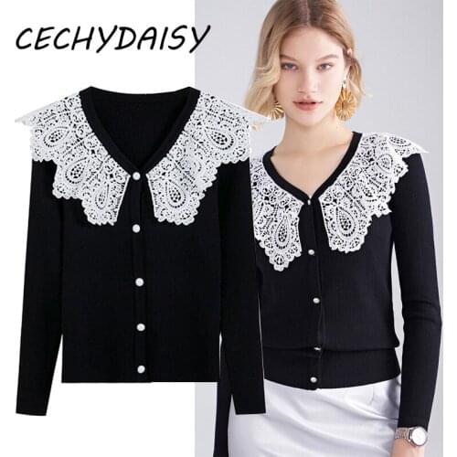2021 Autumn Winter Clothes Knitted Cardigans Lace Turn-Down Collar Vintage Single Breasted Korean Fashion Sweater Traf Top Mujer